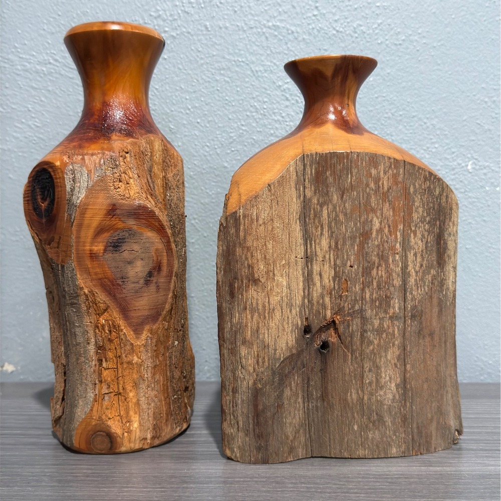 Handmade Live Edge Cedar Wood Bud Vases Rustic Natural Bark Pair 9" & 8" Vintage